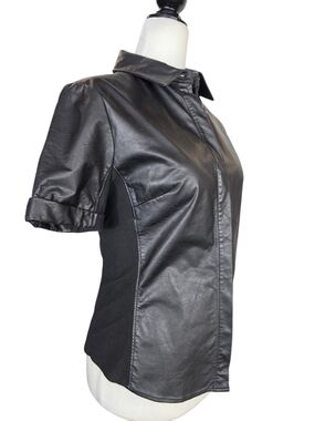 L'AGENCE Black Classic Leather Short-Sleeve botton-down Blouse
